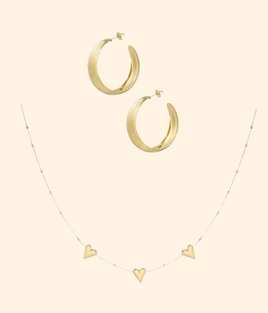 PACK Thick hoops + heart necklace x3