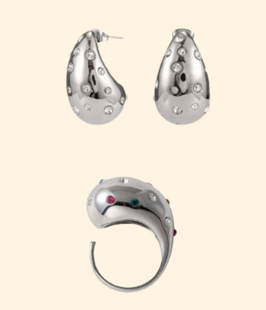 PACK Water drop ring + Zirconia drop earrings